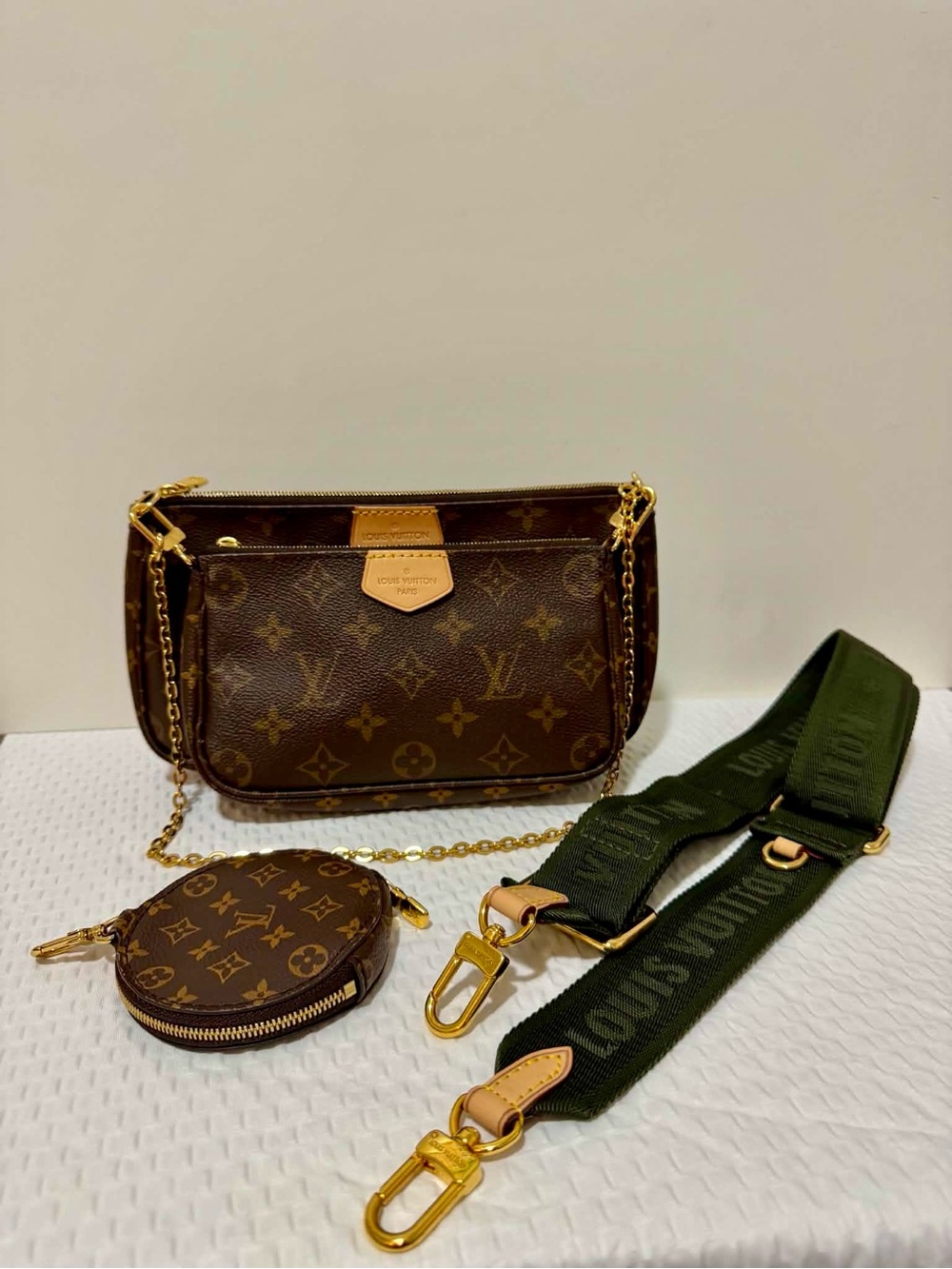 Louis Vuitton Brown Monogram Multi-Pouch Crossbody with Olive Green Strap